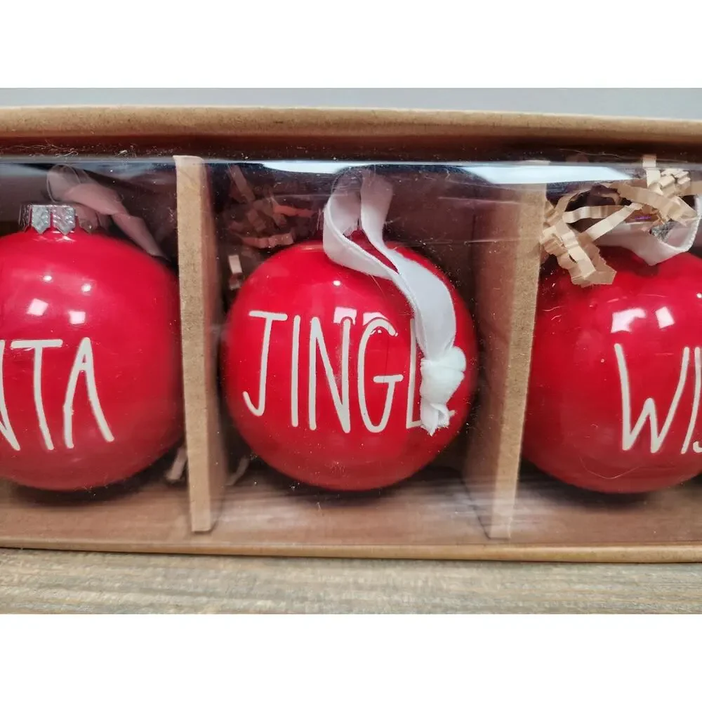 RAE DUNN~RED ORNAMENTS 3 PIECE SET~(JINGLE-SANTA-WISH)